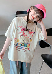 Loose Beige O-Neck Print Kids T Shirts Summer