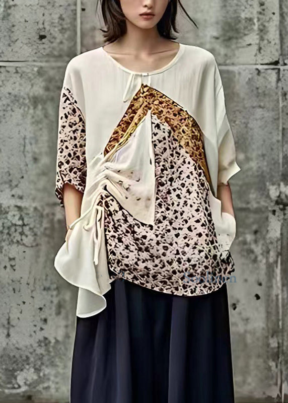 Loose Beige O-Neck Print Patchwork Top Short Sleeve