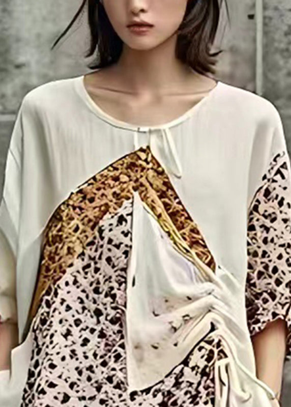 Loose Beige O-Neck Print Patchwork Top Short Sleeve