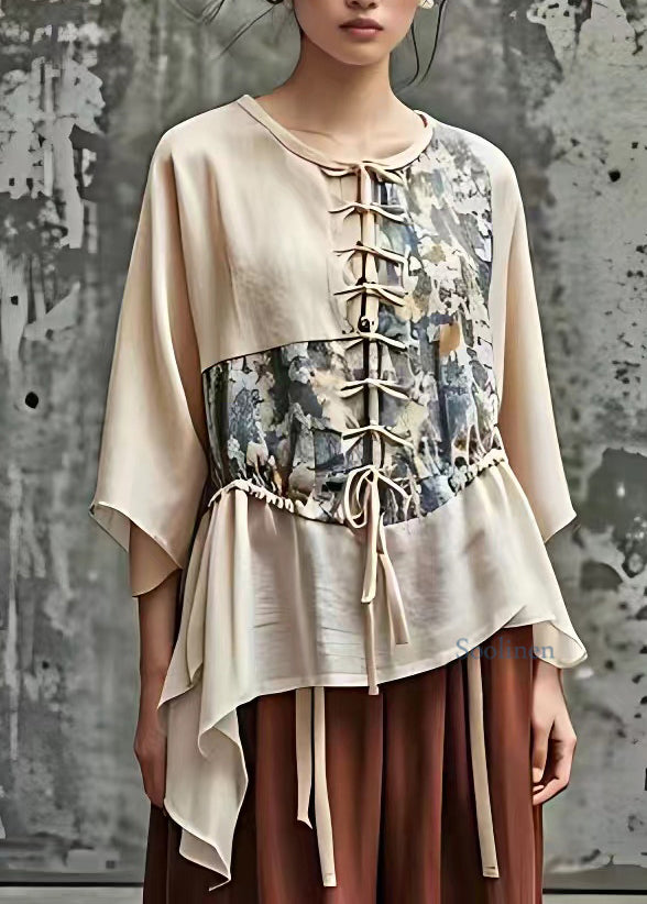 Loose Beige Patchwork Tie Waist Shirt Summer