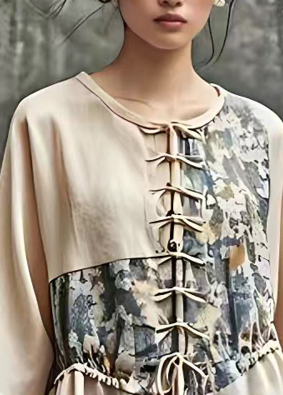 Loose Beige Patchwork Tie Waist Shirt Summer