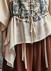 Loose Beige Patchwork Tie Waist Shirt Summer