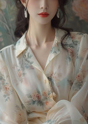 Loose Beige Peter Pan Collar Print Chiffon Shirt Long Sleeve