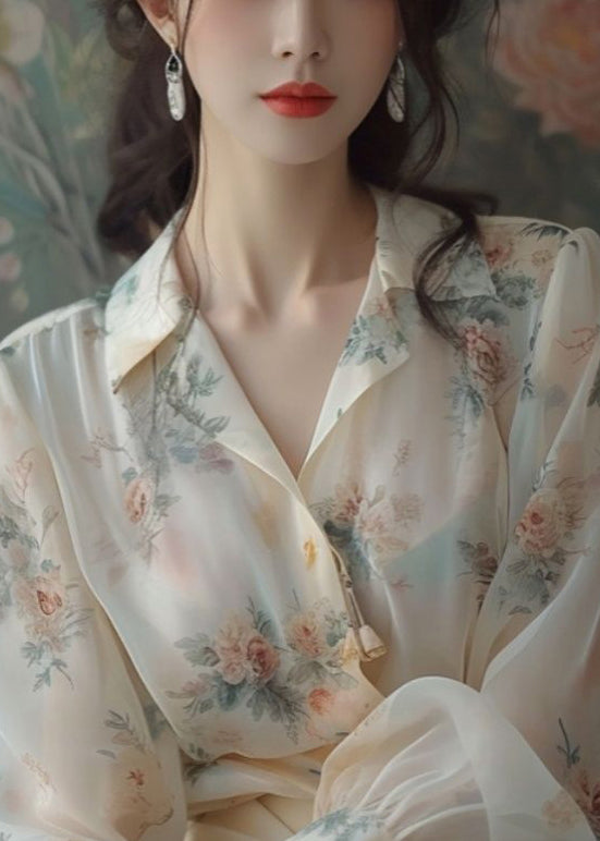 Loose Beige Peter Pan Collar Print Chiffon Shirt Long Sleeve