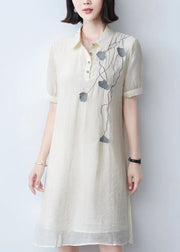 Loose Beige Peter Pan Collar Print Cotton Mid Dress Summer