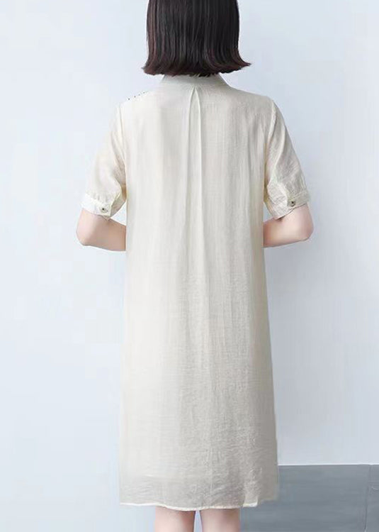 Loose Beige Peter Pan Collar Print Cotton Mid Dress Summer