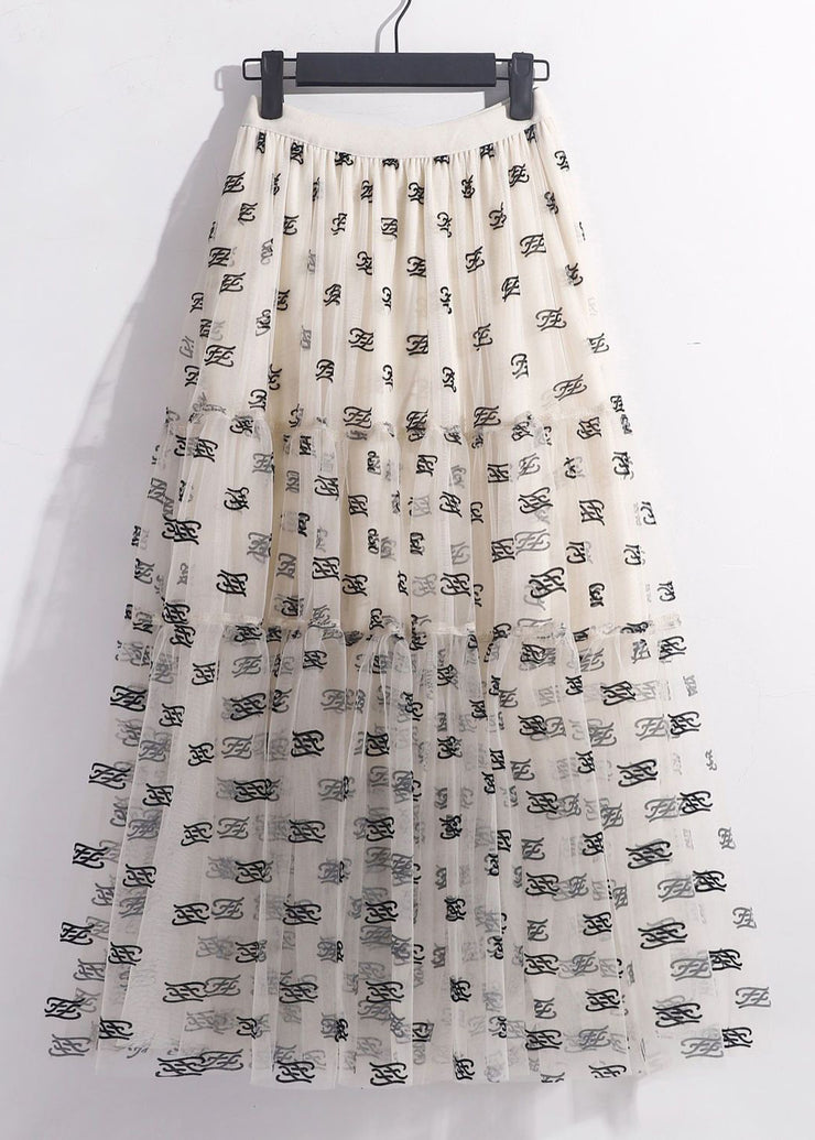 Loose Beige Print Elastic Waist Tulle Skirt Summer