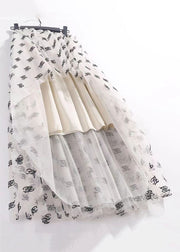 Loose Beige Print Elastic Waist Tulle Skirt Summer
