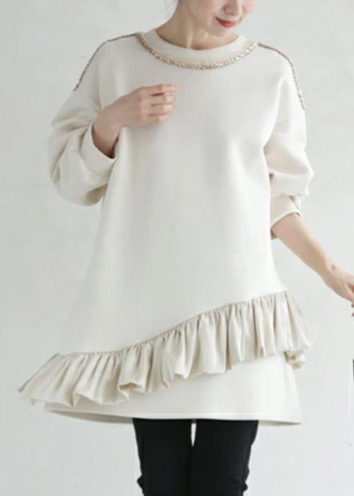 Loose Beige Ruffled Nail Bead Cotton Streetwear Spring