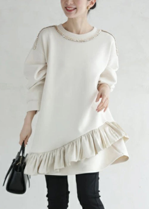 Loose Beige Ruffled Nail Bead Cotton Streetwear Spring