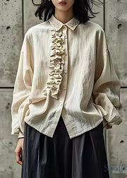 Loose Beige Ruffled Patchwork Button Tops Fall