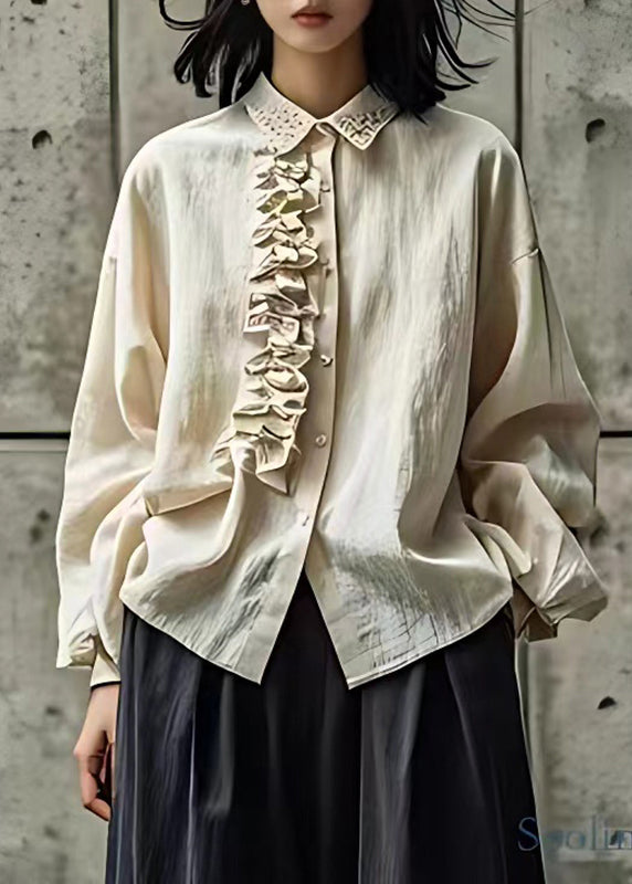 Loose Beige Ruffled Patchwork Button Tops Fall