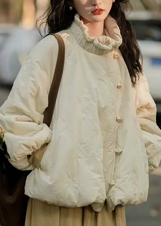 Loose Beige Ruffled Pockets Fine Cotton Filled Coat Lantern Sleeve