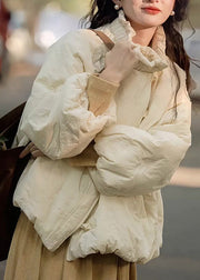 Loose Beige Ruffled Pockets Fine Cotton Filled Coat Lantern Sleeve