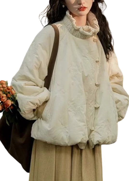 Loose Beige Ruffled Pockets Fine Cotton Filled Coat Lantern Sleeve