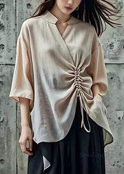 Loose Beige Stand Collar Lace Up Cotton Shirt Half Sleeve