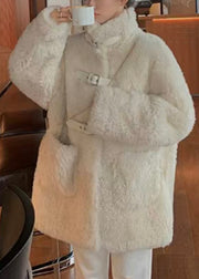 Loose Beige Stand Collar Pockets Teddy Faux Fur Coat Spring