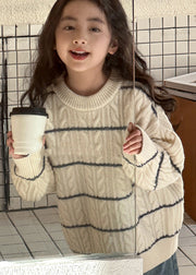 Loose Beige Striped Patchwork Cotton Knit Kids Sweater Spring