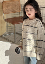 Loose Beige Striped Patchwork Cotton Knit Kids Sweater Spring