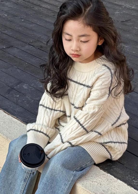 Loose Beige Striped Patchwork Cotton Knit Kids Sweater Spring