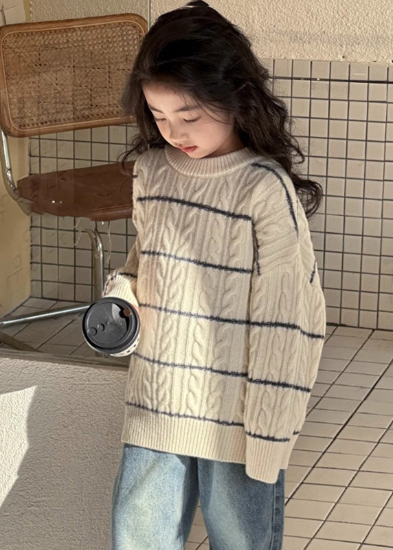 Loose Beige Striped Patchwork Cotton Knit Kids Sweater Spring