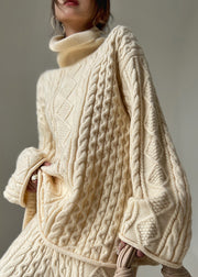 Loose Beige Turtleneck Cotton Cable Knit Sweater Spring