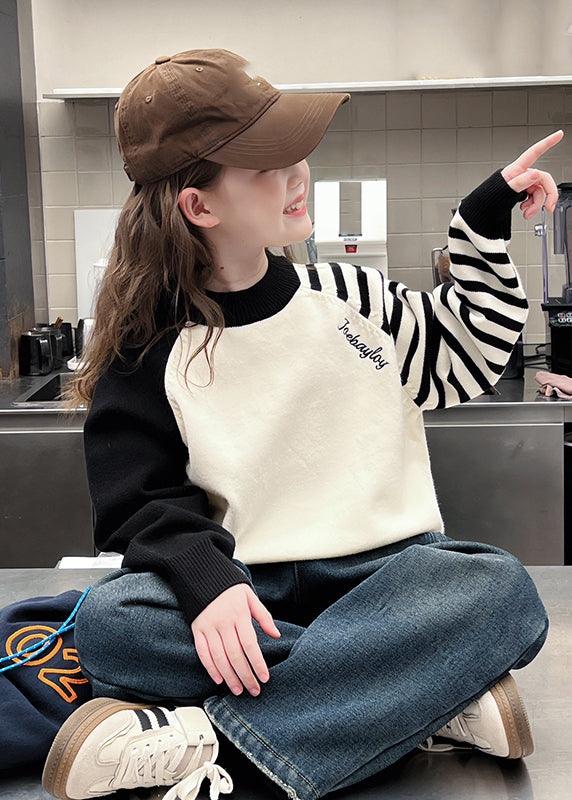 Loose Beige Turtleneck Striped Patchwork Cotton Knit Girls Sweaters Spring