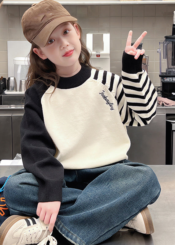 Loose Beige Turtleneck Striped Patchwork Cotton Knit Girls Sweaters Spring