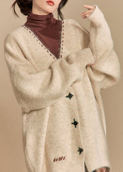 Loose Beige V Neck Button Woolen Coats Winter