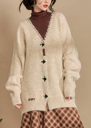 Loose Beige V Neck Button Woolen Coats Winter