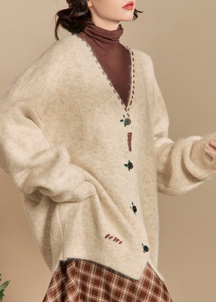 Loose Beige V Neck Button Woolen Coats Winter