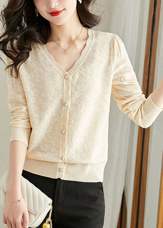 Loose Beige V Neck Knit Cardigans Long Sleeve