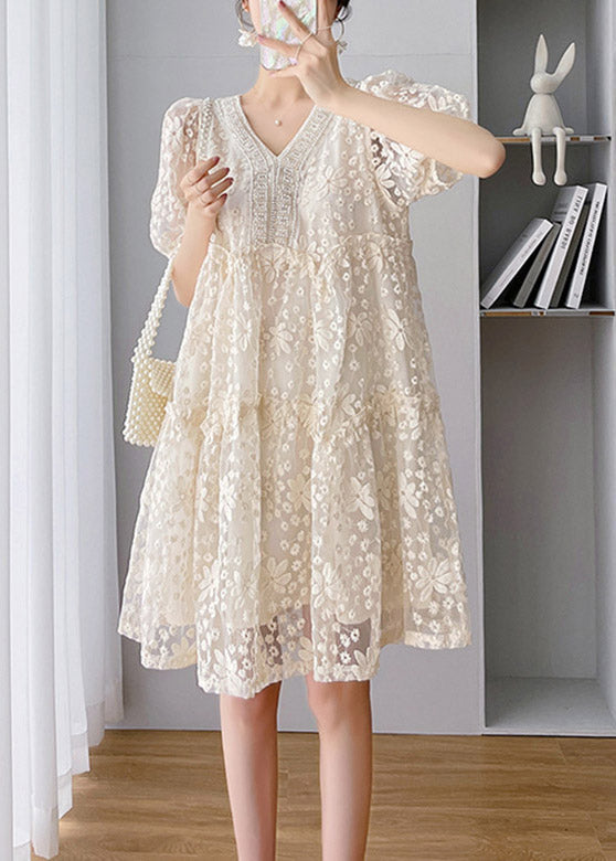 Loose Beige V Neck Lace Patchwork Long Dress Short Sleeve