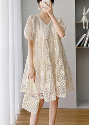 Loose Beige V Neck Lace Patchwork Long Dress Short Sleeve