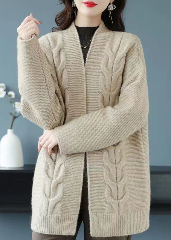 Loose Beige V Neck Patchwork Thick Wool Knit Cardigan Fall