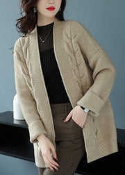 Loose Beige V Neck Patchwork Thick Wool Knit Cardigan Fall