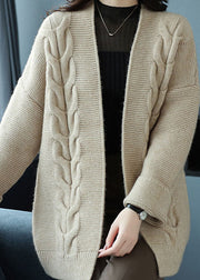 Loose Beige V Neck Patchwork Thick Wool Knit Cardigan Fall