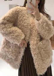 Loose Beige V Neck Pockets Teddy Faux Fur Coat Spring