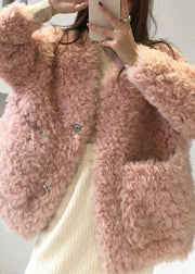 Loose Beige V Neck Pockets Teddy Faux Fur Coat Spring