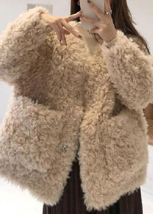 Loose Beige V Neck Pockets Teddy Faux Fur Coat Spring