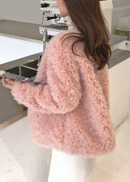 Loose Beige V Neck Pockets Teddy Faux Fur Coat Spring