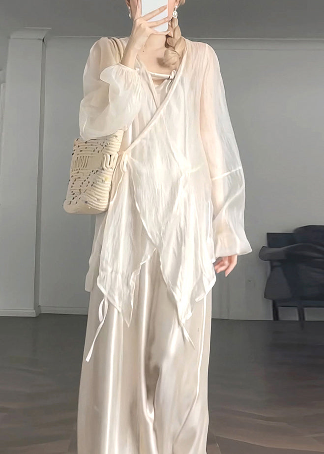 Loose Beige V Neck Silk Shirts And Spaghetti Strap Dress Two Piece Set Long Sleeve