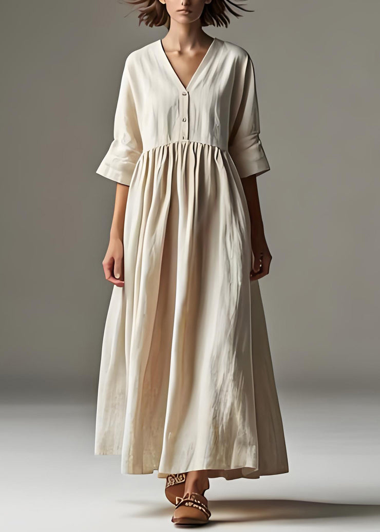 Loose Beige V Neck Wrinkled Patchwork Linen Long Dresses Summer