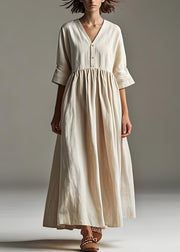 Loose Beige V Neck Wrinkled Patchwork Linen Long Dresses Summer