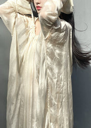 Loose Beige Wrinkled Patchwork Silk Dress Long Sleeve