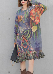 Loose Belle Print Patchwork Mink Velvet Knit Dresses Spring