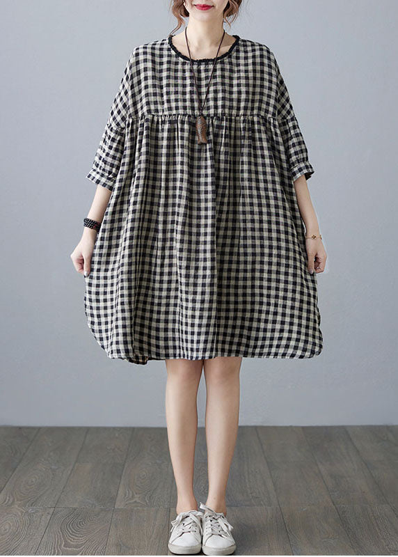 Loose Big Plaid O Neck Wrinkled Patchwork Linen Mid Dress Summer