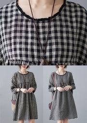 Loose Big Plaid O Neck Wrinkled Patchwork Linen Mid Dress Summer