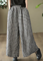 Loose Big Plaid Pockets Elastic Waist Patchwork Linen Pants Summer