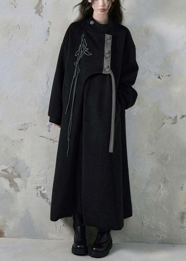 Loose Black Asymmetrical Button Pockets Woolen Long Coats Spring